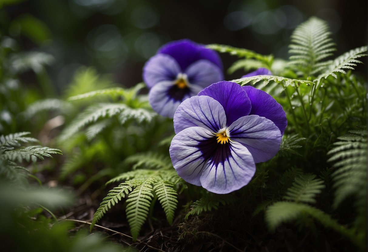 Pansies bloom in dappled shade, nestled among ferns and moss. The delicate flowers reach for the light, their vibrant colors standing out against the cool, dark backdrop