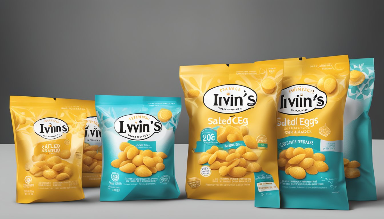 A table displays various packages of Irvin's salted egg snacks, with the brand logo prominently featured. Bright lighting highlights the products, creating a visually appealing display