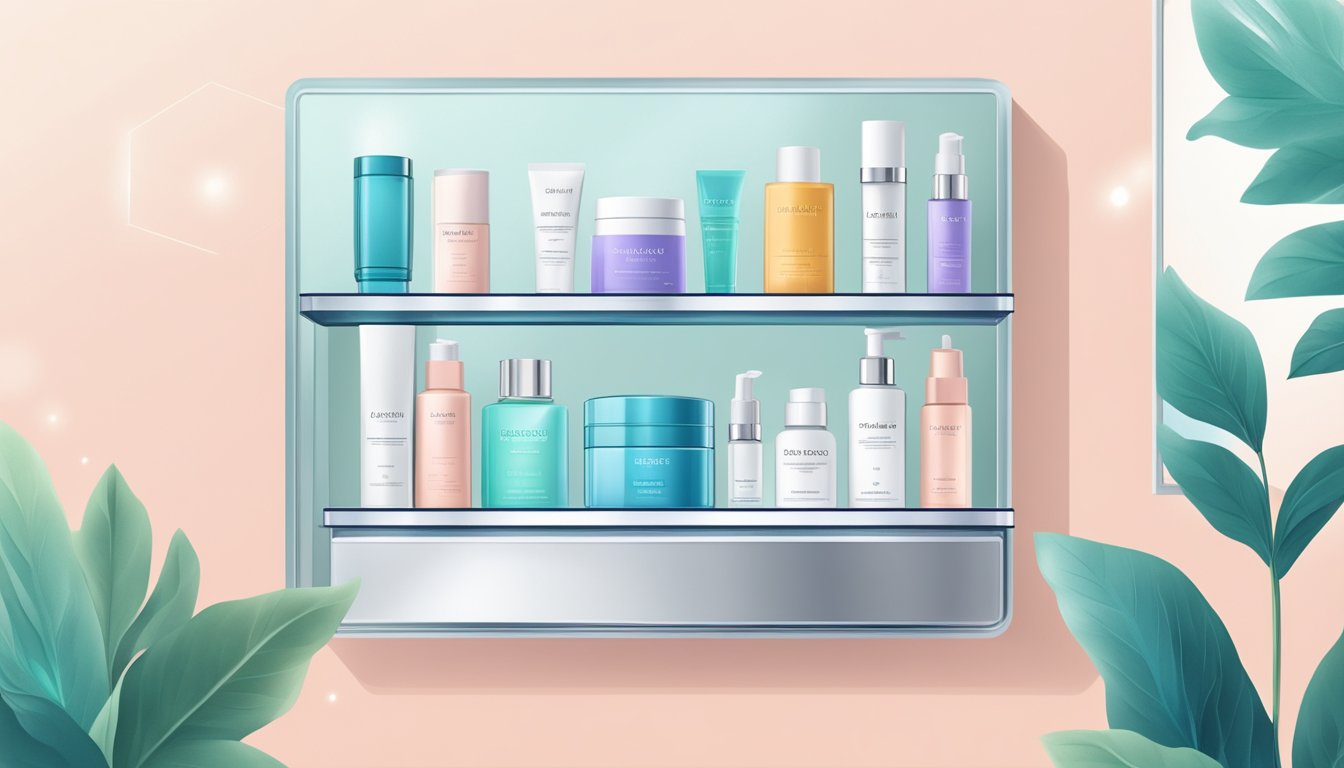 A hand reaches for a hyaluronic acid filler box online. A shelf displays skincare products and a mirror reflects a clean, organized space