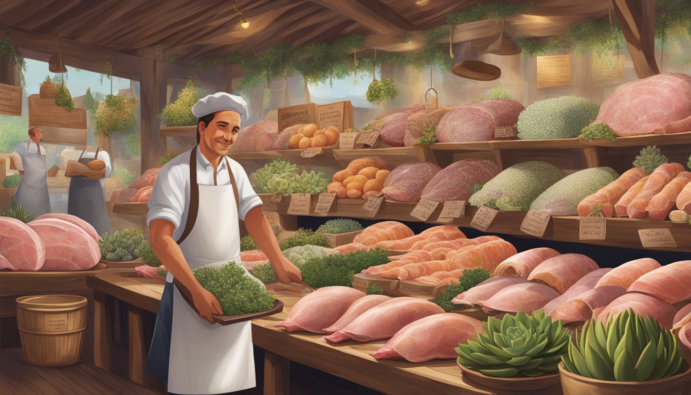 A bustling market stall displays a variety of succulent hams, neatly arranged on wooden boards. The vendor, wearing a white apron, proudly showcases the premium selection to eager customers