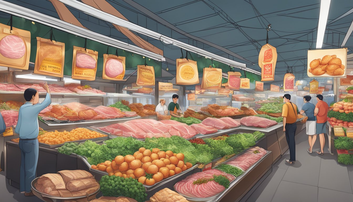 A festive display of seasonal ham specials and offers at a market in Singapore