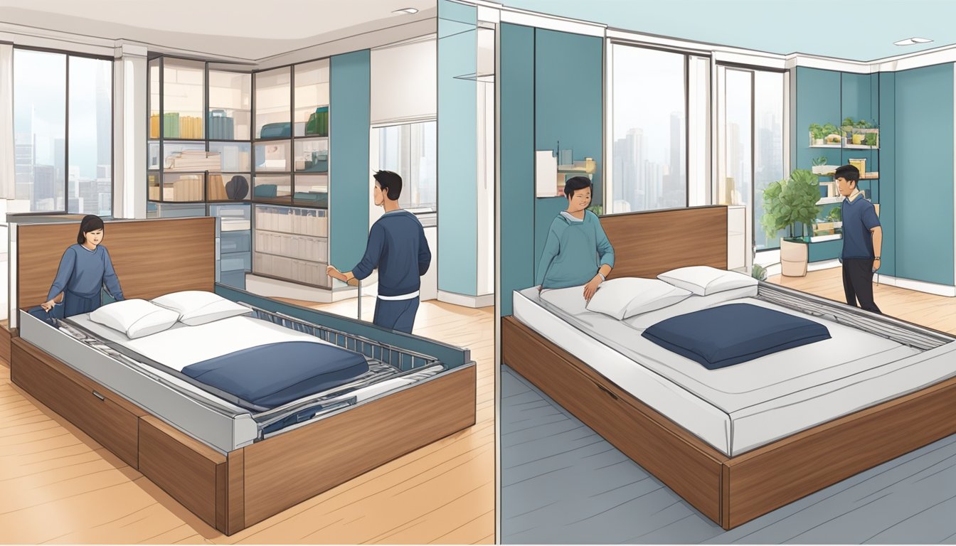 A person purchases a storage bed frame in a Singapore store and then installs it in their bedroom