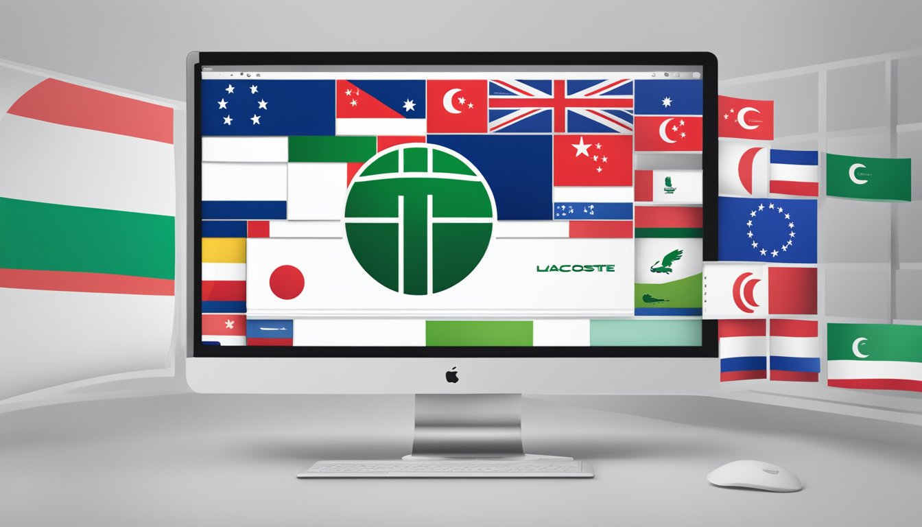 A computer screen displaying the Lacoste website with the Singapore flag in the background