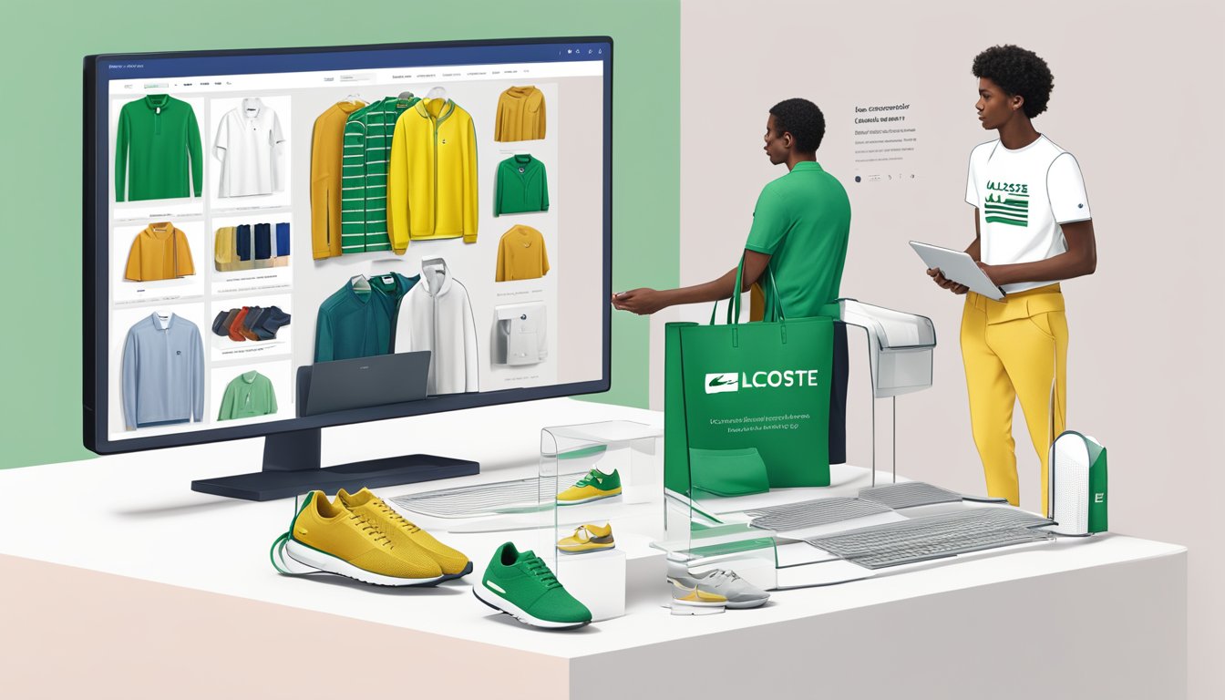 Customers browsing Lacoste products online, with a list of frequently asked questions displayed on the screen