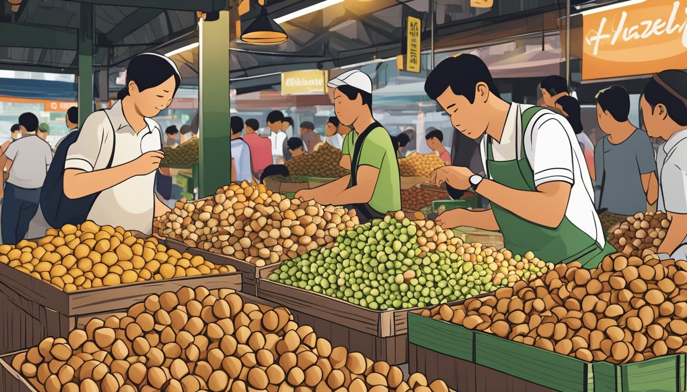 A bustling market stall displays fresh hazelnuts in Singapore. Shoppers browse the selection, while the vendor arranges the nuts in neat piles
