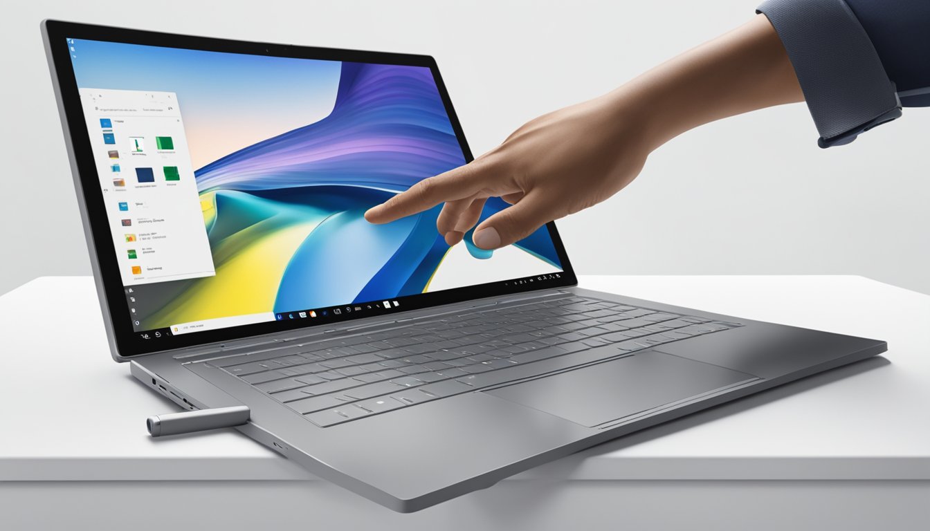A hand reaching for a Surface Book 2 in a sleek Singaporean electronics store