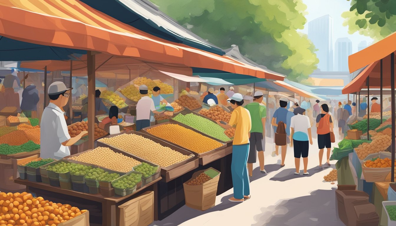 A bustling marketplace in Singapore, with vendors selling fresh hazelnuts in colorful displays. Customers eagerly select and purchase the nuts, surrounded by the sounds and smells of the lively market