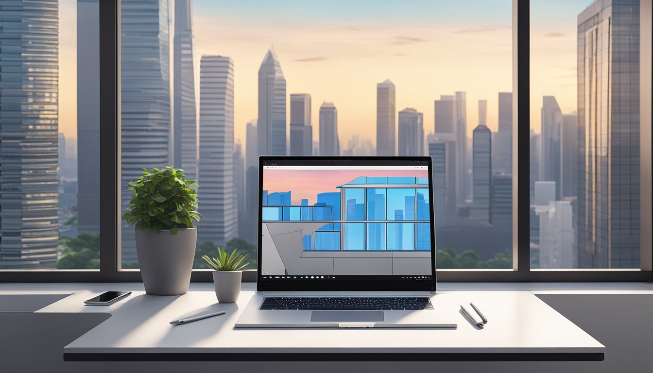 A sleek Surface Book 2 sits on a modern desk in a brightly lit Singapore office, with the city skyline visible through the window