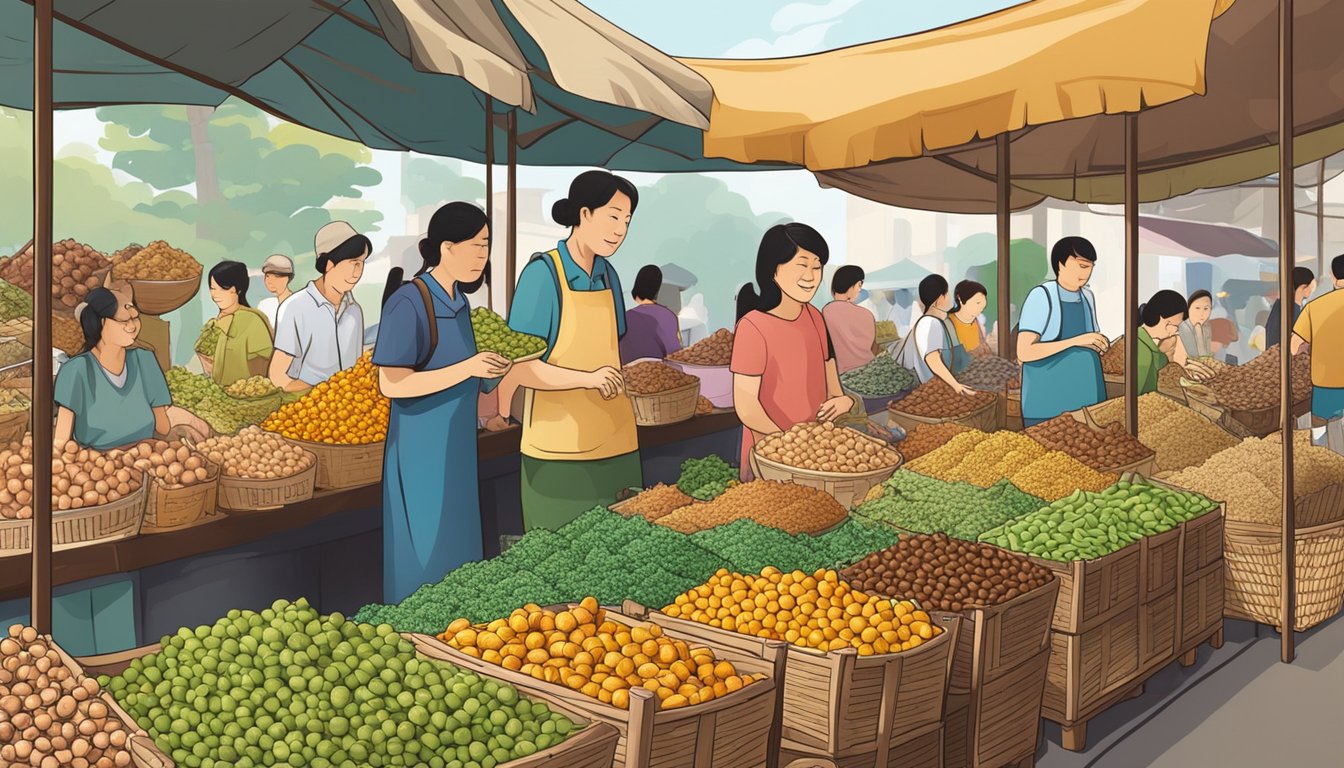A bustling market stall in Singapore, with vibrant displays of fresh hazelnuts in woven baskets, surrounded by eager customers