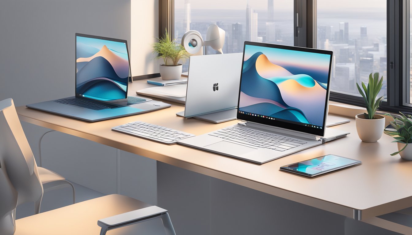 A sleek Surface Book 2 sits on a clean, modern desk in a well-lit room, surrounded by high-tech gadgets and accessories