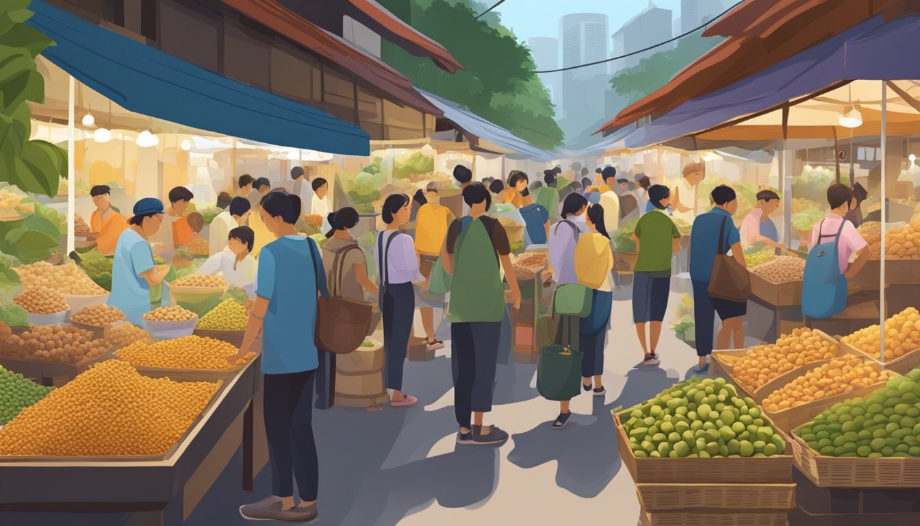 A bustling market with various vendors selling hazelnuts in Singapore. Customers approach the stalls, asking questions and inspecting the nuts. The vendors eagerly answer inquiries and showcase their fresh and flavorful products