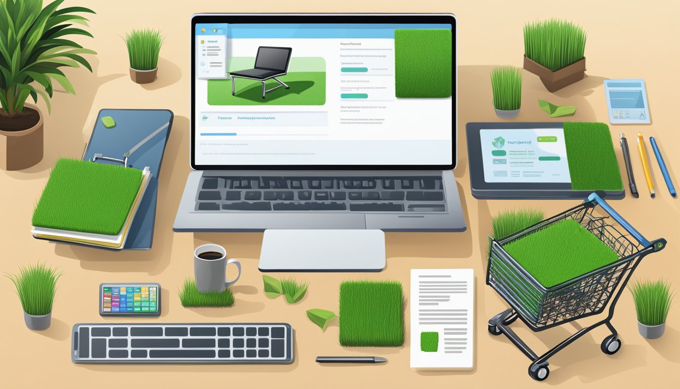 A laptop open on a desk, with a website displaying a variety of synthetic grass options. A shopping cart icon and a "Frequently Asked Questions" section are visible on the screen