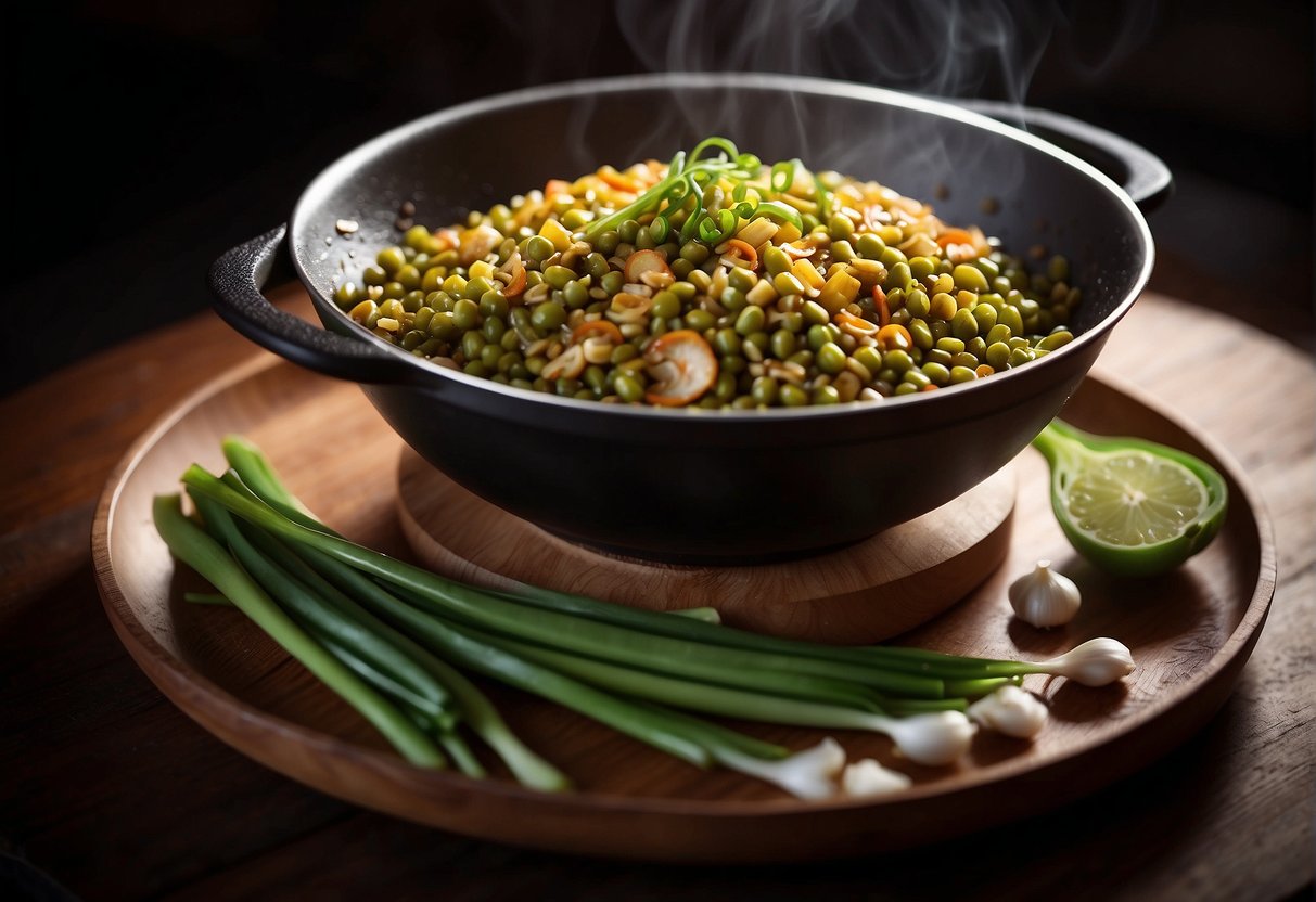 A wok sizzles as mung beans, ginger, and garlic fry in fragrant sesame oil. Soy sauce and green onions add depth to the savory aroma