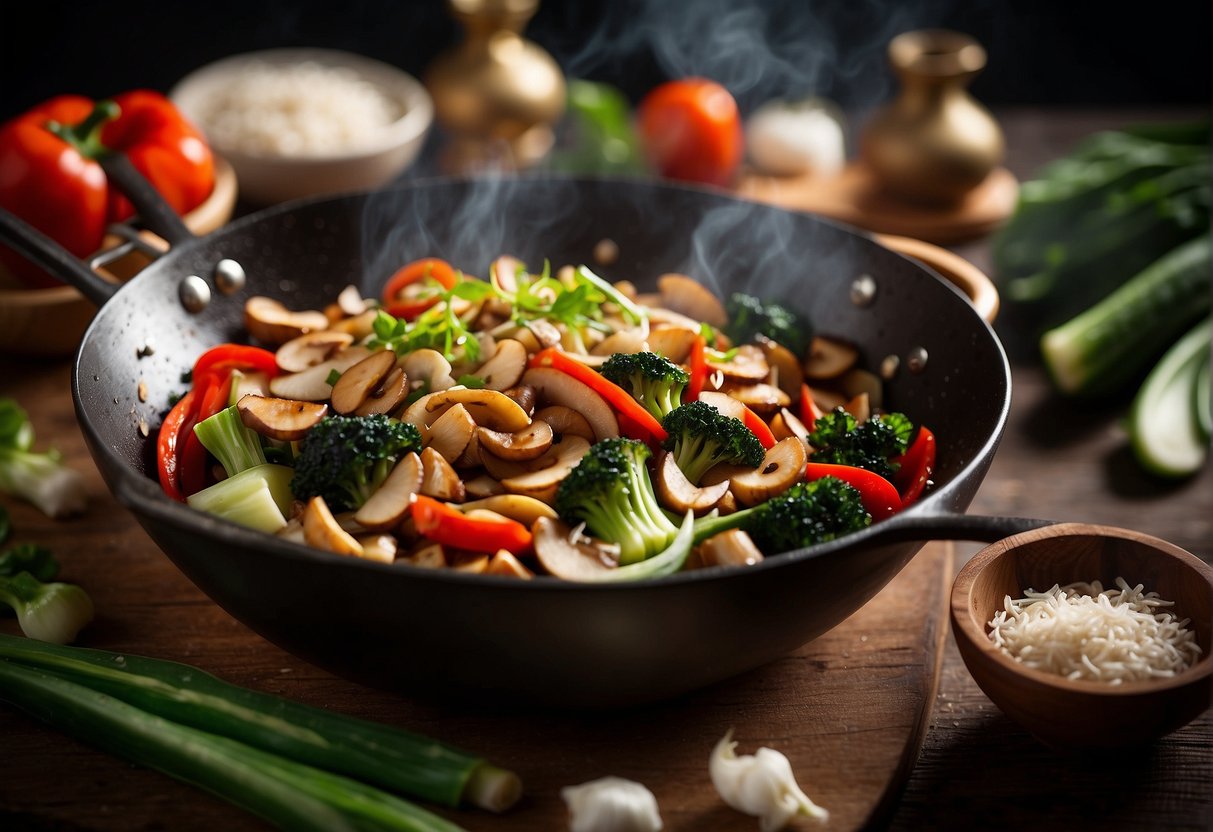 A wok sizzles with sliced mushrooms, garlic, and ginger in a fragrant Chinese sauce, surrounded by colorful ingredients like bok choy and red peppers