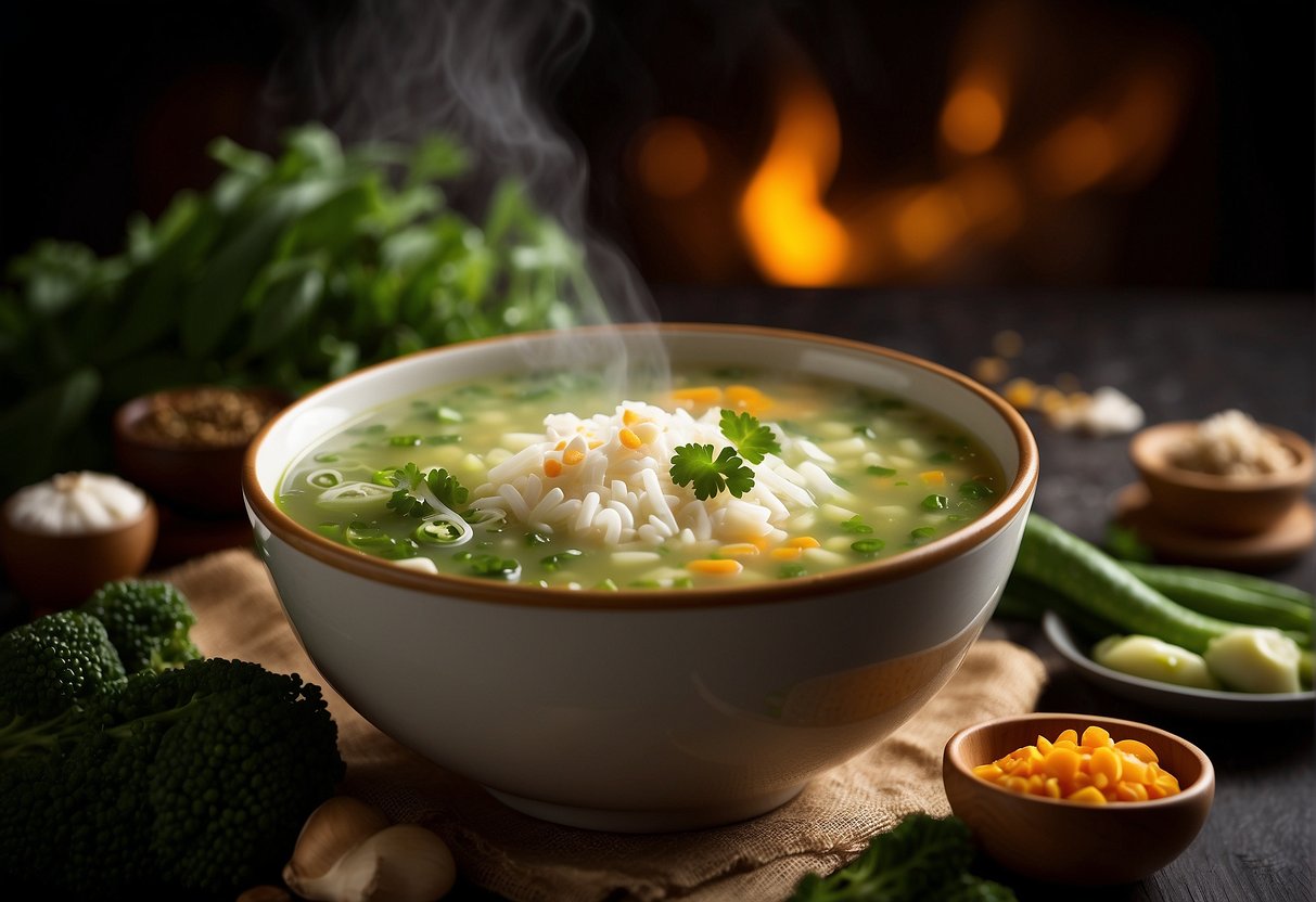 A bowl of mung bean soup with steaming steam rising, surrounded by various ingredients such as ginger, garlic, and green vegetables