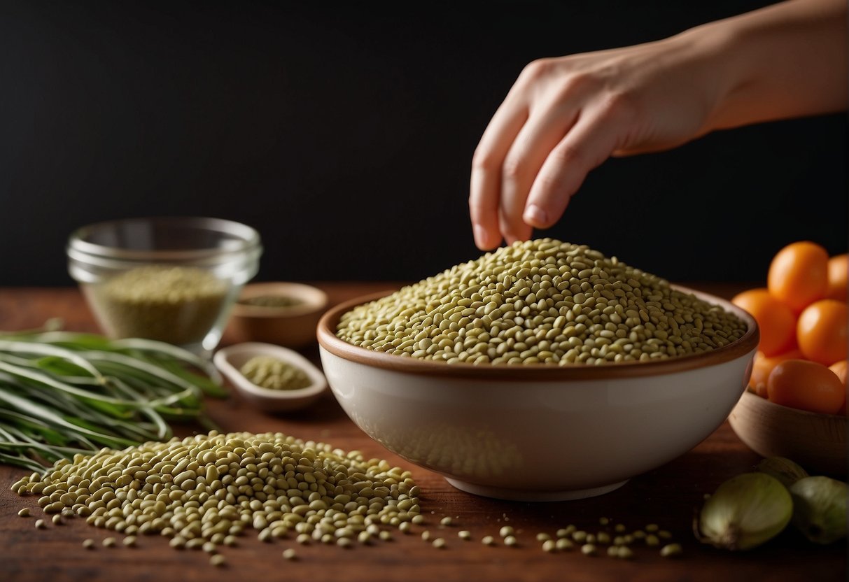 A hand reaches for a bag of dried mung beans, a bowl and water sit nearby for soaking. Ingredients and spices line the countertop