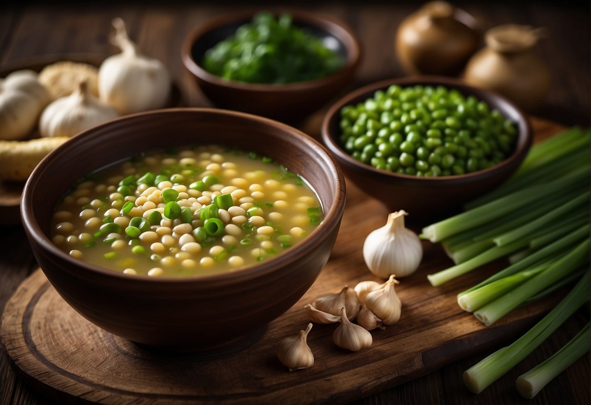 A steaming bowl of Chinese mung bean soup sits on a rustic wooden table, surrounded by fresh ingredients like ginger, garlic, and green onions