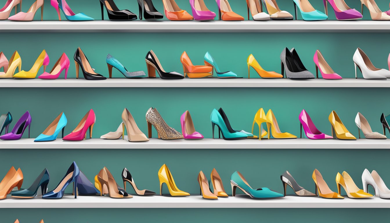 A colorful array of high heels displayed on sleek, modern shelves in an online retailer's virtual store