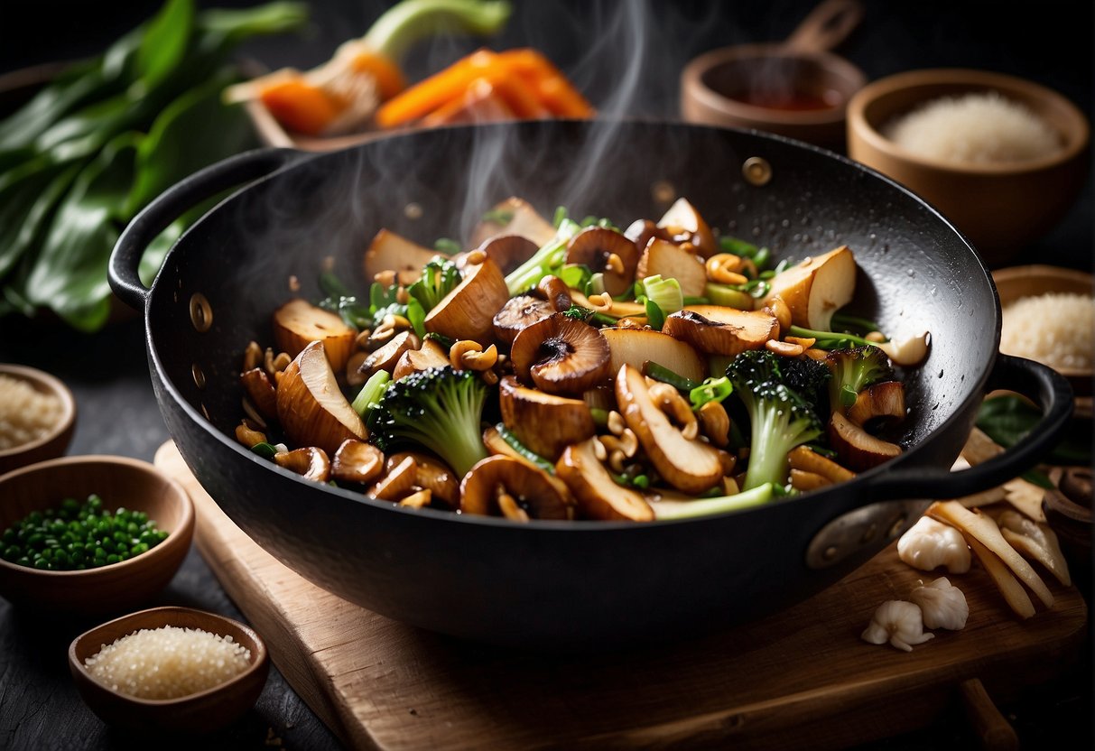 A wok sizzles with shiitake, oyster, and straw mushrooms, ginger, garlic, and soy sauce. Optional substitutes include tofu, bok choy, or bamboo shoots