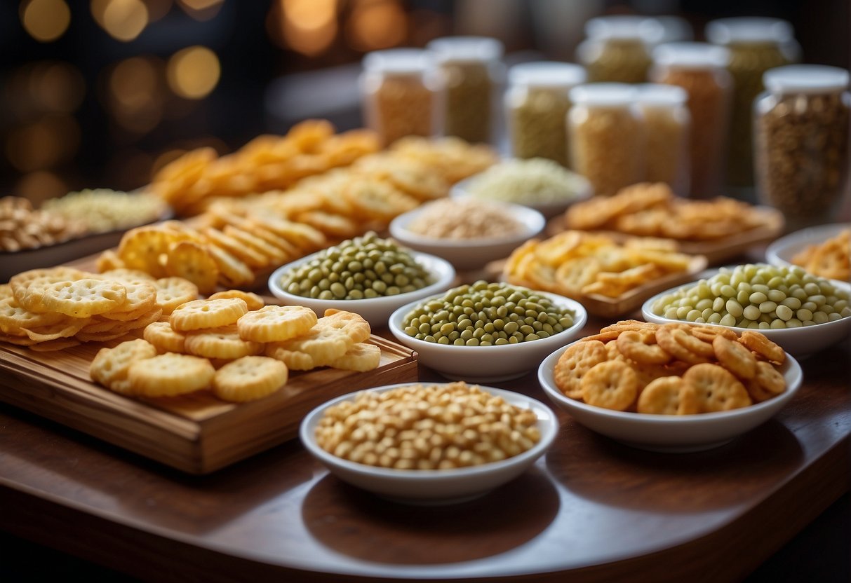 A table displays various mung bean snacks - crispy chips, savory patties, and sweet pastries. Chinese characters adorn the packaging, hinting at traditional recipes