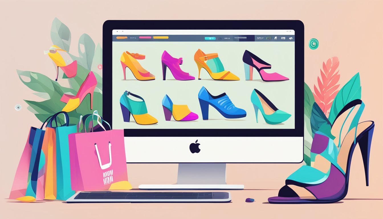 A computer screen with various high heel options displayed on an online shopping website. Mouse cursor hovering over a pair with a "buy now" button