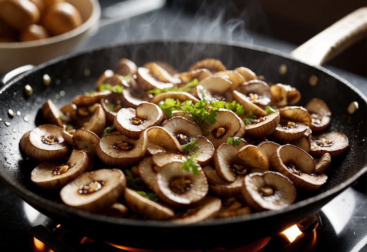Sliced mushrooms sizzle in a hot wok with ginger, garlic, and soy sauce. A chef tosses them with precision, creating a tantalizing aroma