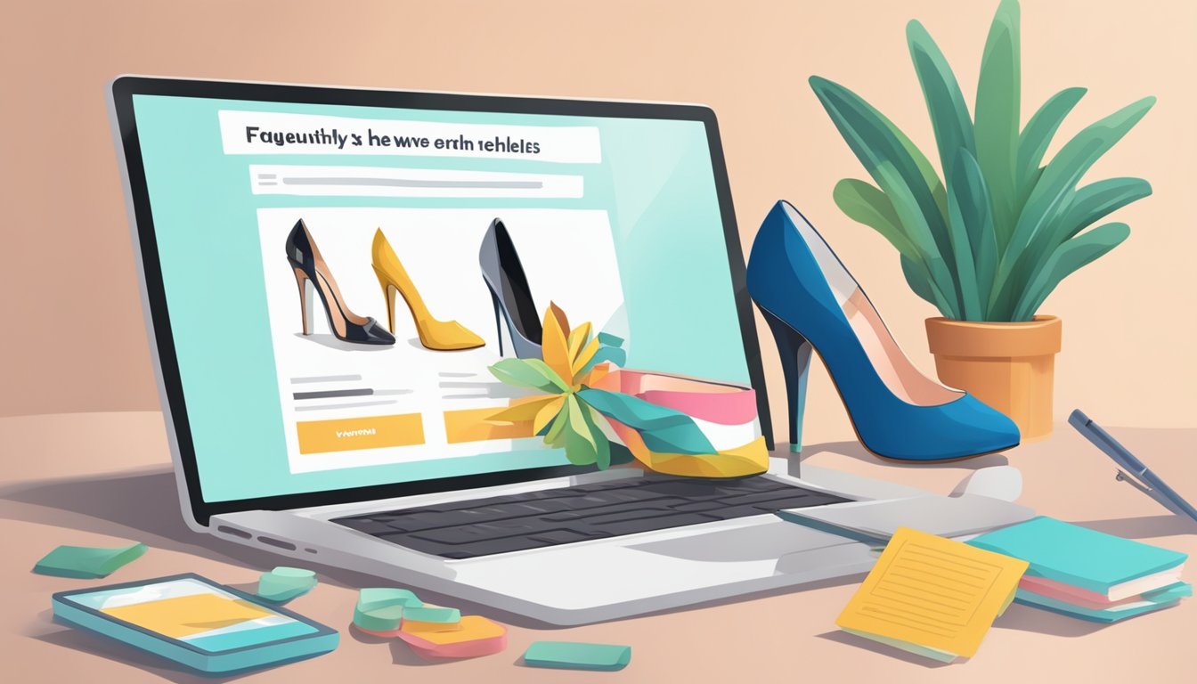 A computer screen displaying a webpage with the title "Frequently Asked Questions: where to buy high heels online" with various clickable links and a search bar