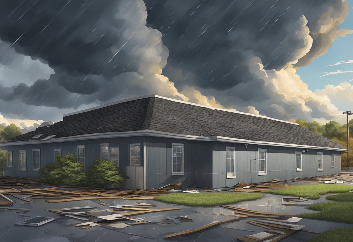 Dark storm clouds loom over a damaged commercial roof, with missing shingles and water pooling in various areas. Several warning signs are posted around the building, indicating the need for a commercial roofer