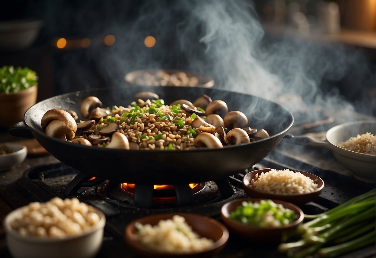 Sizzling mushrooms in a wok with garlic, ginger, and soy sauce. Steam rises as the aroma fills the air. Garnish with green onions and sesame seeds