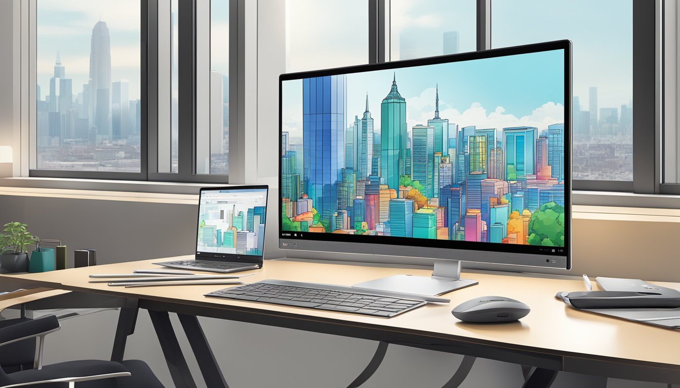 A Lenovo Ideapad 710s sits on a sleek desk, surrounded by modern office supplies and a large window with city skyline views
