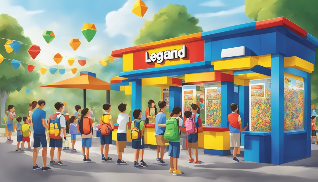Families queue at ticket booth, excitedly purchasing Legoland tickets in Singapore. Brightly colored signs and playful atmosphere create a sense of anticipation