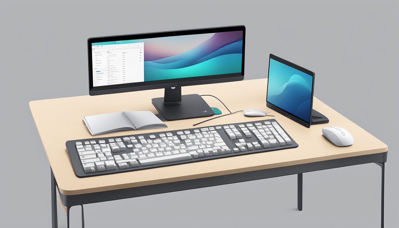 A sleek, modern desk with the Logitech K375s keyboard and mouse combo placed neatly in the center. The keyboard features a comfortable layout and the ability to switch between devices with ease