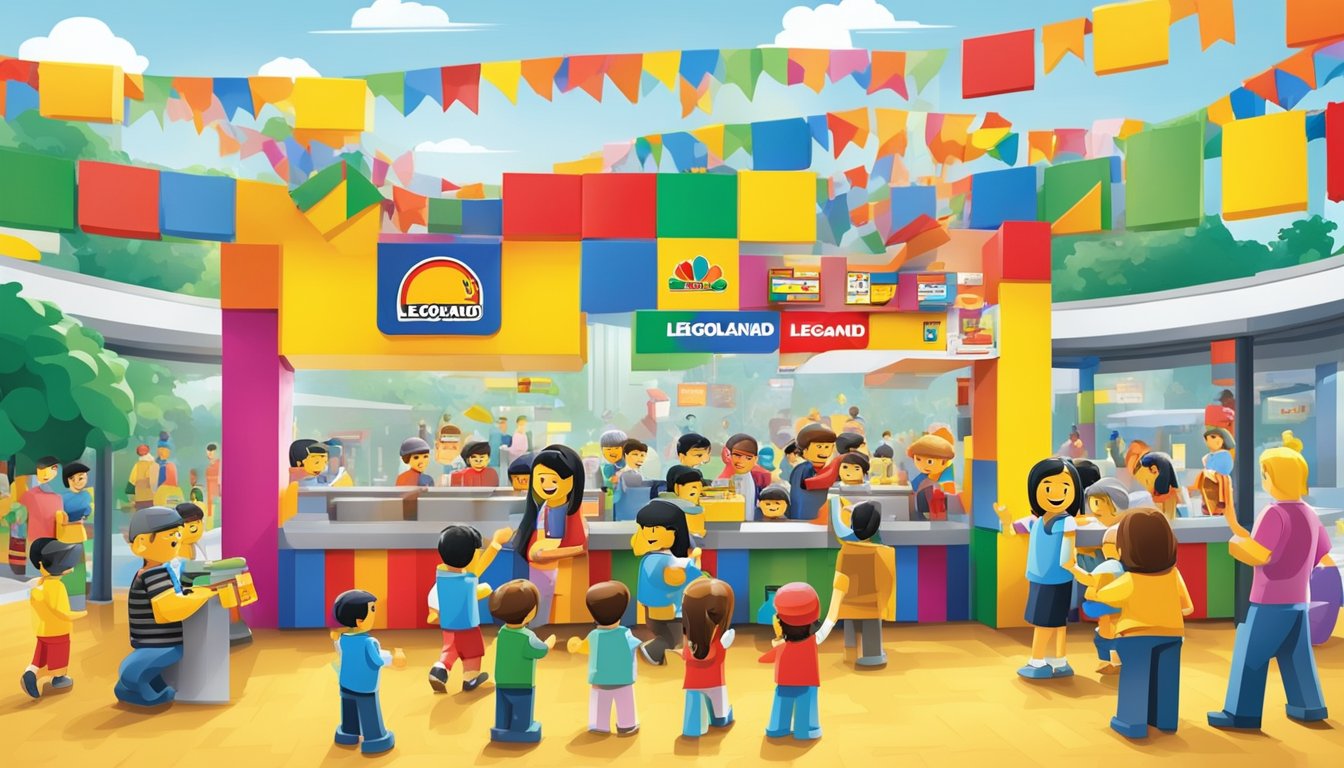 Families purchase Legoland tickets at a ticket counter in Singapore, surrounded by colorful signs and excited children