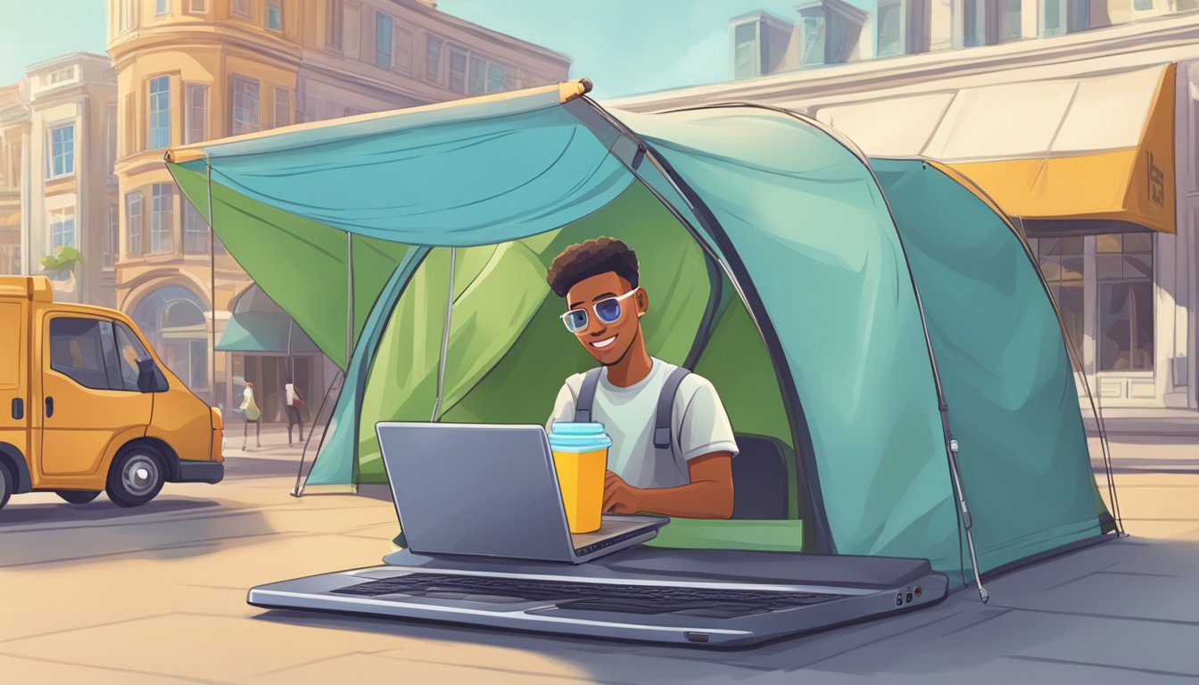 A person clicks "buy tent" on a laptop, with a delivery truck in the background