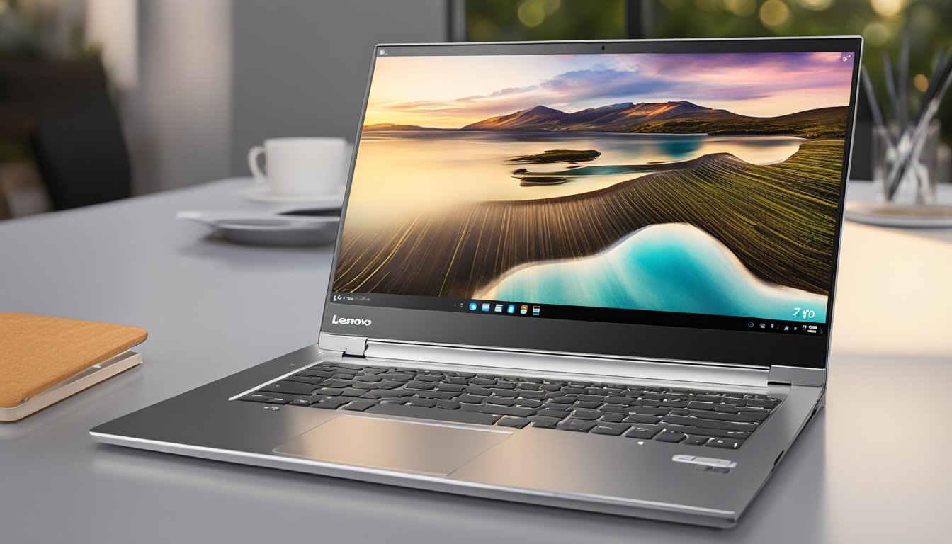 The Lenovo Ideapad 710s sits on a sleek, silver metallic desk. The laptop's slim profile and backlit keyboard catch the light, while its high-resolution display and powerful processor are highlighted in the background