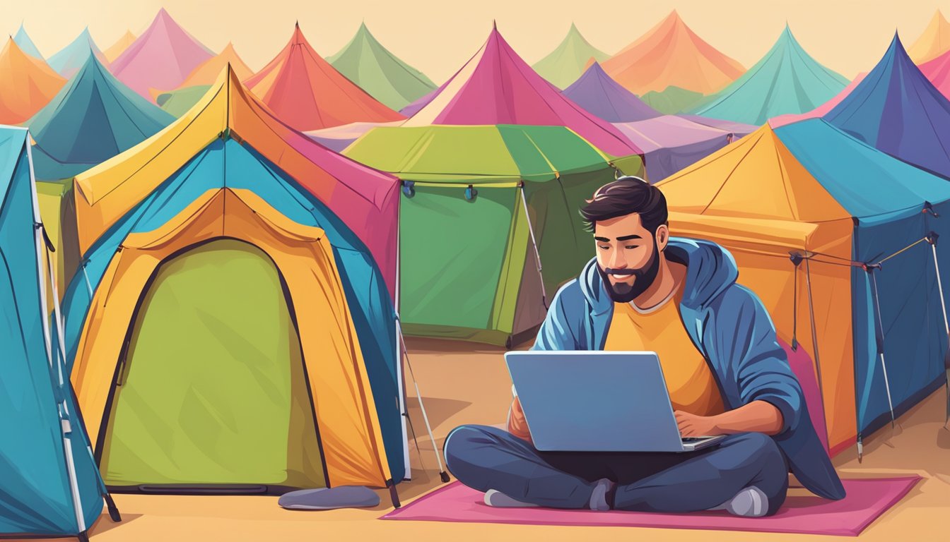 A person scrolling through a variety of colorful and sturdy tents on a laptop, with a satisfied expression on their face