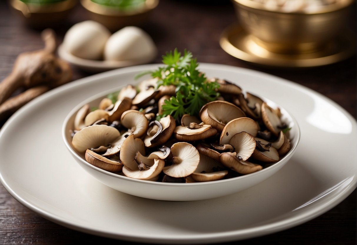A plate of Chinese-style mushroom dish with a clear label of its nutritional information and dietary considerations