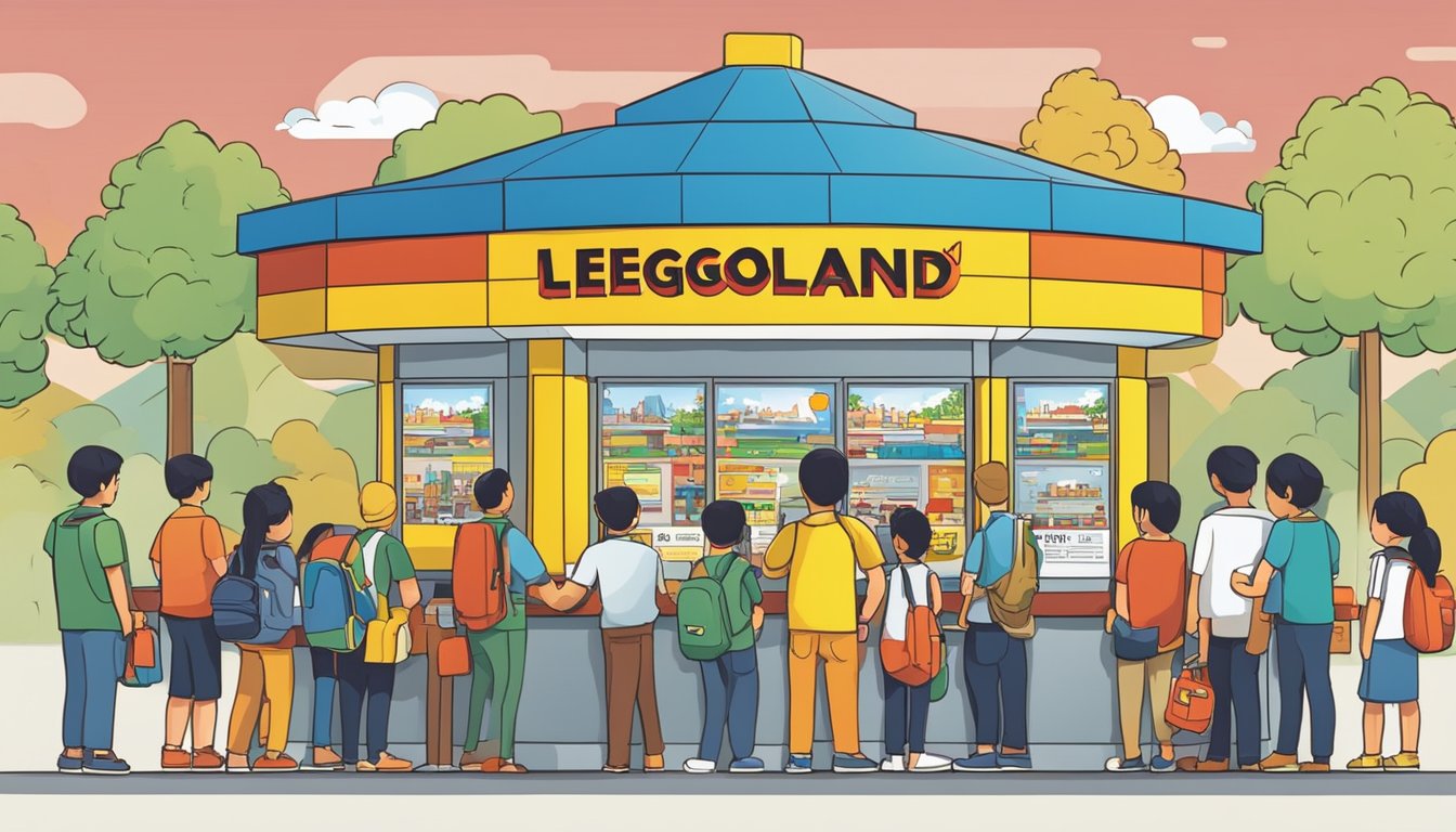 People lining up at a ticket counter at Legoland Singapore, with a sign reading "Frequently Asked Questions: Buy Legoland Tickets" displayed prominently