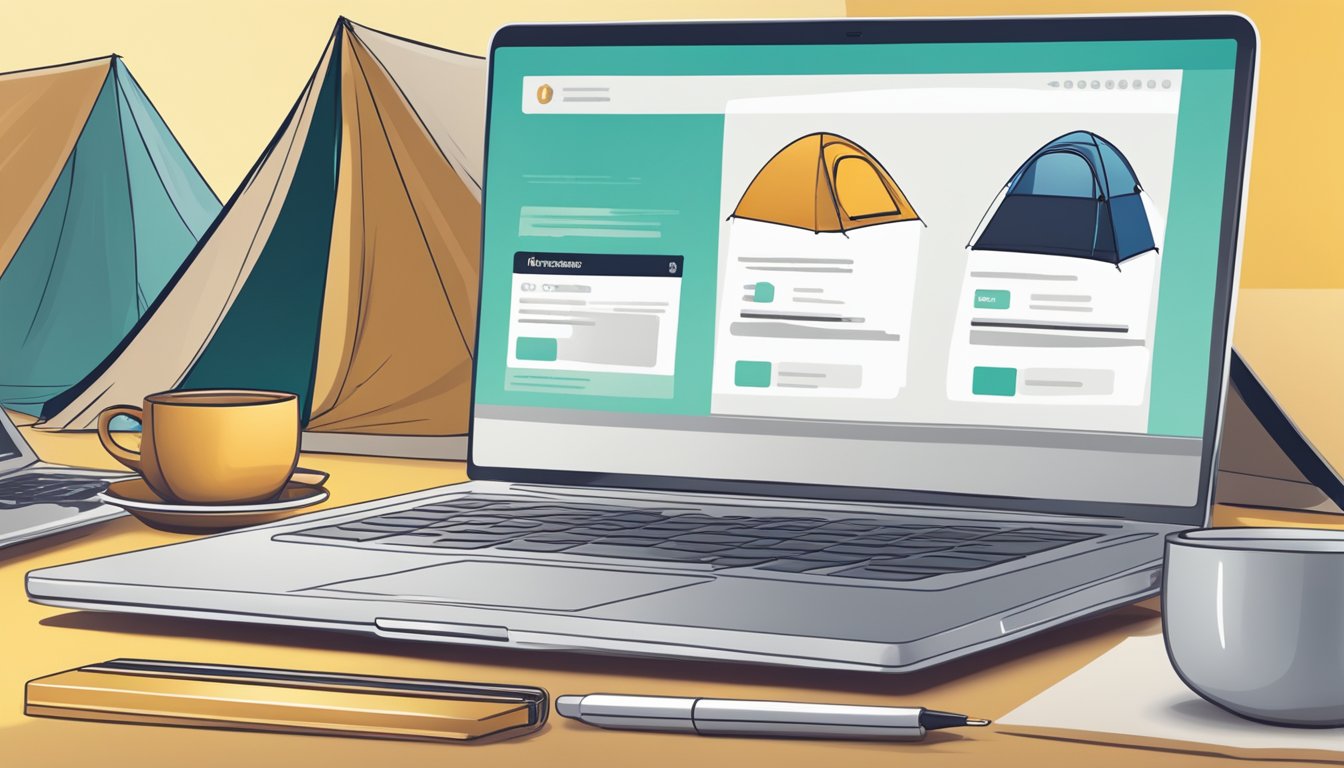 A laptop displaying a variety of tent options on an online shopping website, with a credit card and a cup of coffee nearby