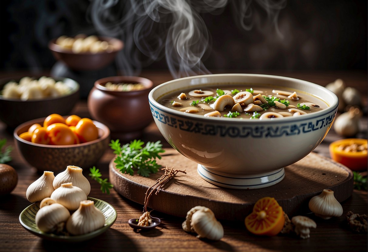 A steaming bowl of Chinese-style mushroom soup surrounded by assorted ingredients and a recipe book open to "Frequently Asked Questions mushroom recipe chinese style."