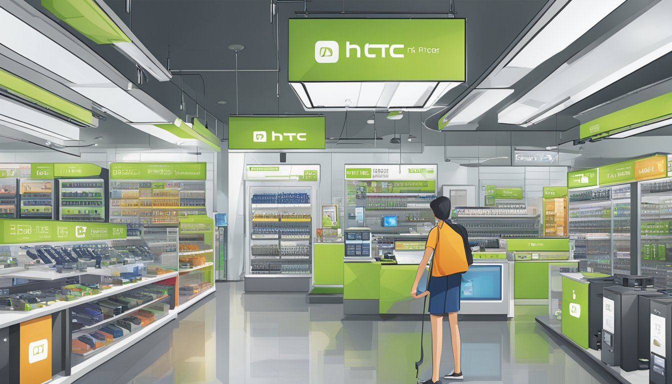 A bustling electronics store in Singapore displays HTC phones with a prominent "Frequently Asked Questions" sign. Customers inquire about purchasing options