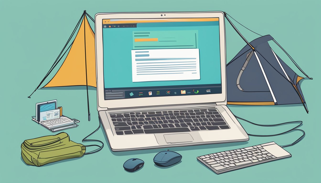 A laptop with a "Frequently Asked Questions" page open, surrounded by camping gear and a computer mouse clicking on the "buy tent online" button