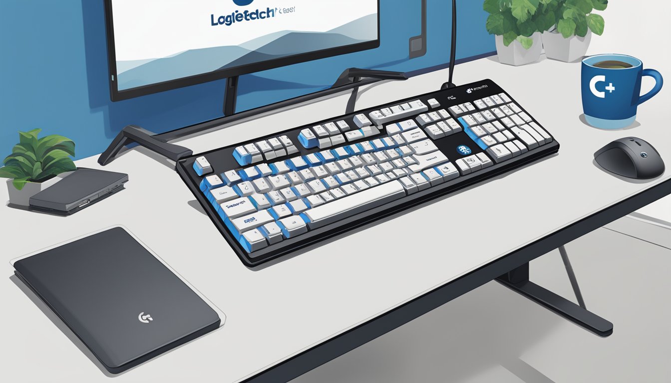A desk with a Logitech K375s keyboard and a Best Buy logo in the background