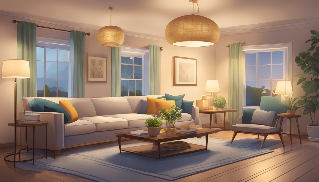A cozy living room with warm, soft lighting from various lamps and overhead fixtures. The lights cast a gentle glow, creating a welcoming and inviting atmosphere