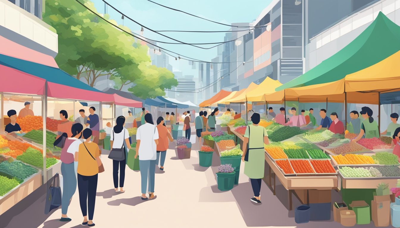 A bustling market with colorful stalls, vendors selling ice plants in Singapore. Customers browsing, asking questions, and making purchases