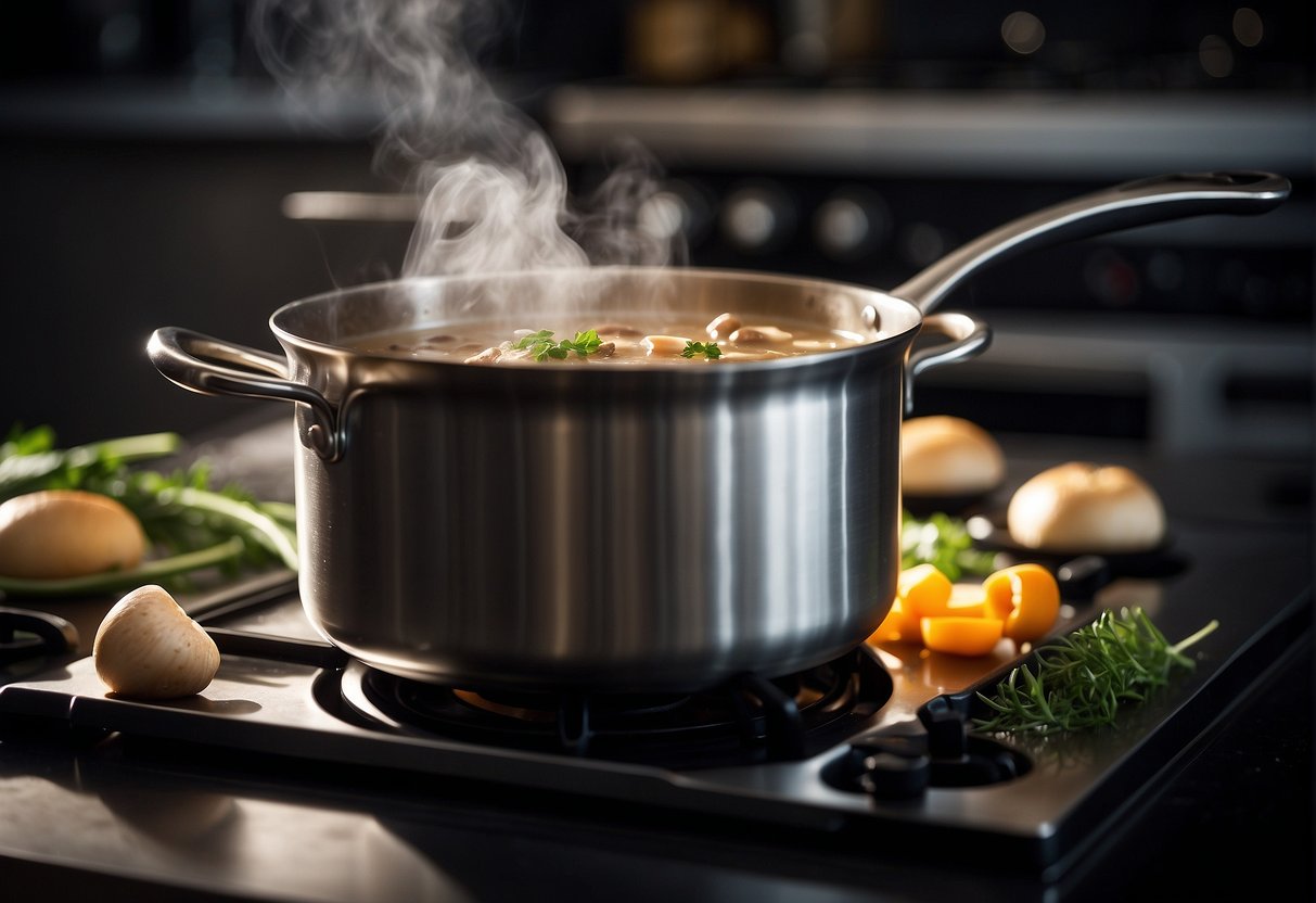 A pot simmers on a stovetop, filled with fragrant mushroom soup. Steam rises as a ladle stirs the rich, earthy broth