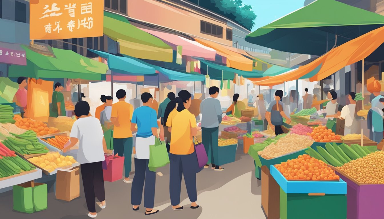 A bustling market stall in Singapore sells tongkat ali, with colorful signs and eager customers