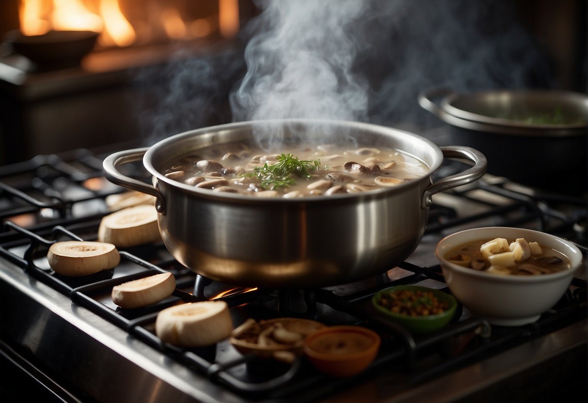 A steaming pot of mushroom soup simmers on a stove. Chinese spices and essential ingredients surround the pot