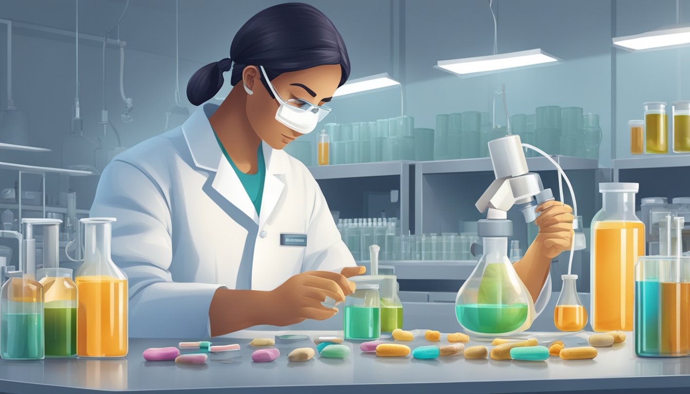 A laboratory technician carefully inspects and tests tongkat ali supplements for quality and safety, surrounded by scientific equipment and documentation