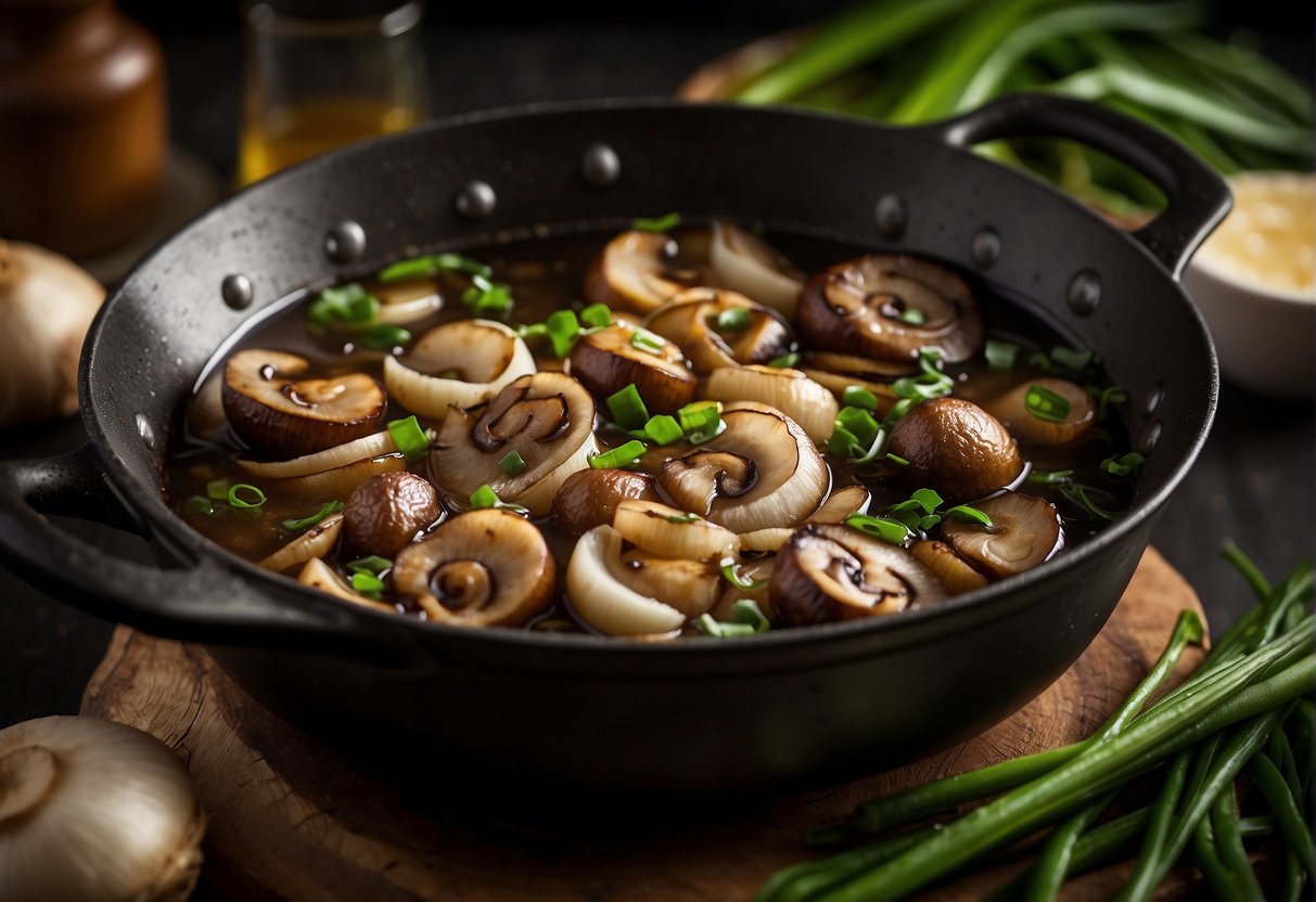 Sauté mushrooms and onions in a pot. Add broth, soy sauce, and ginger. Simmer, then blend until smooth. Garnish with green onions